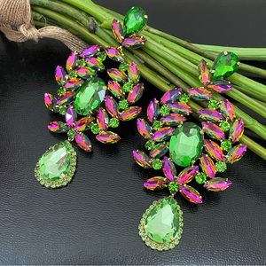 Stunning Watermelon & Green Rhinestones Teardrop Large Statement Earrings